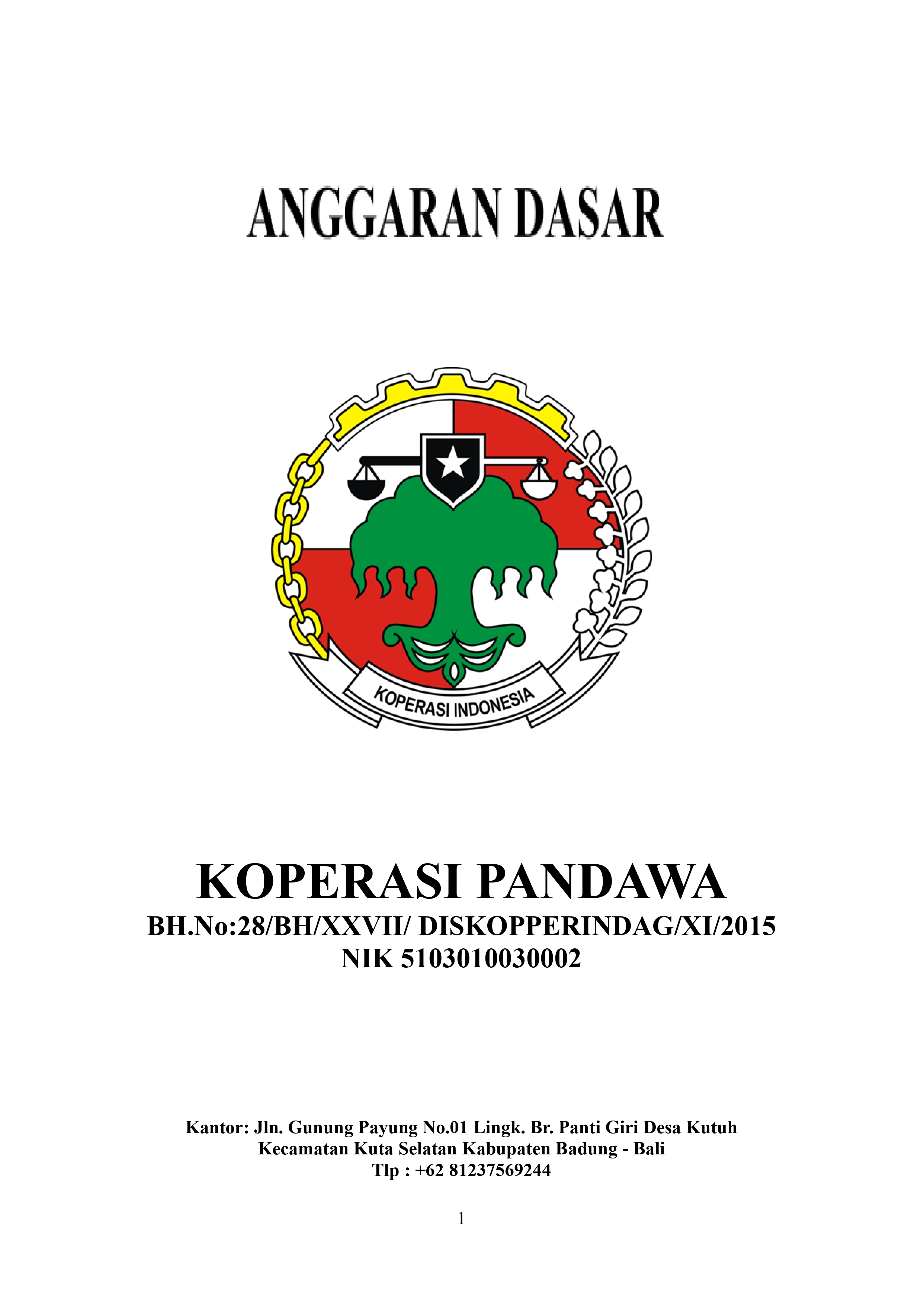 Foto Dokumen Anggaran Dasar Koperasi Pandawa - Lembar 1