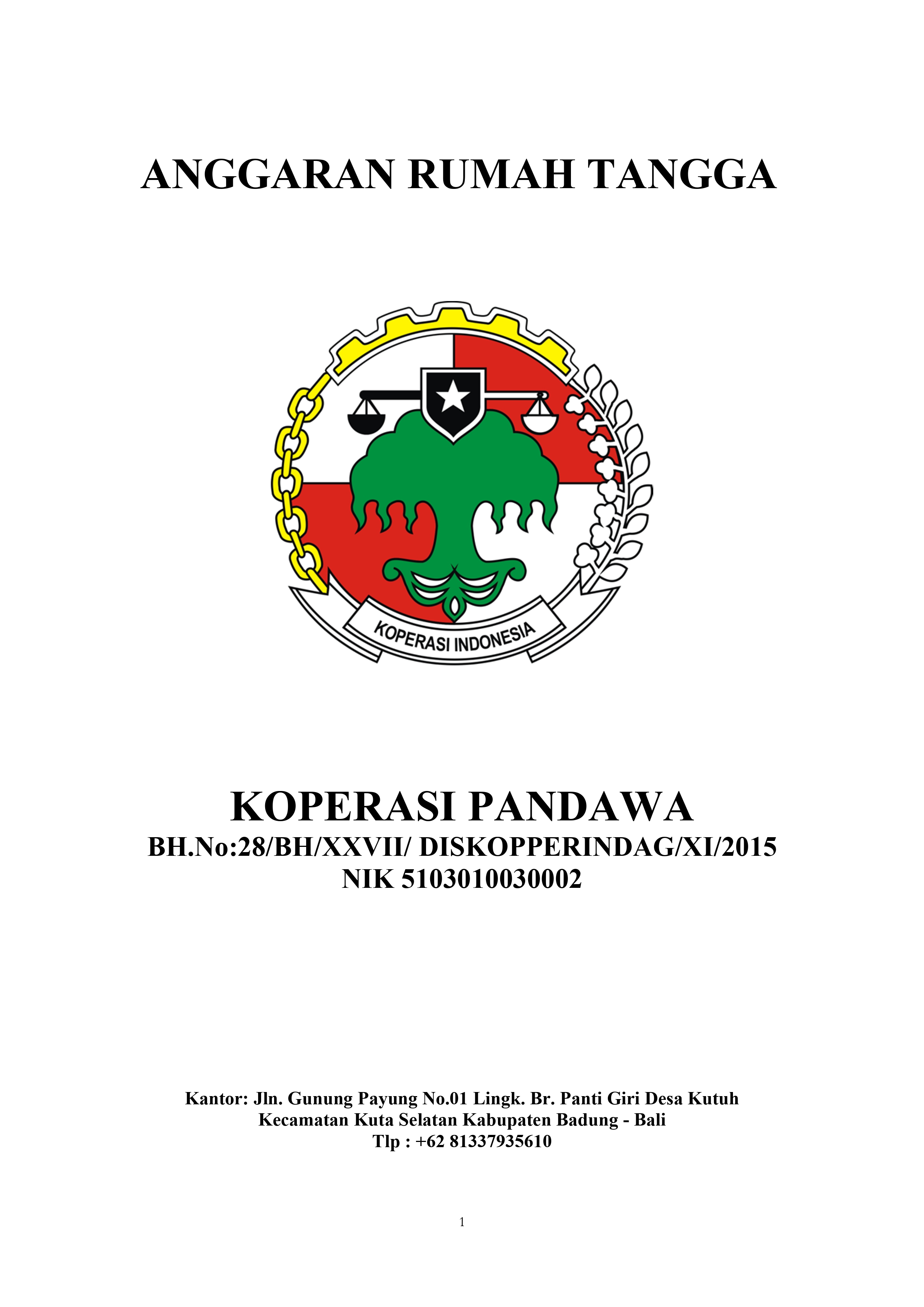 Foto Dokumen Anggaran Rumah Tangga Koperasi Pandawa - Lembar 1