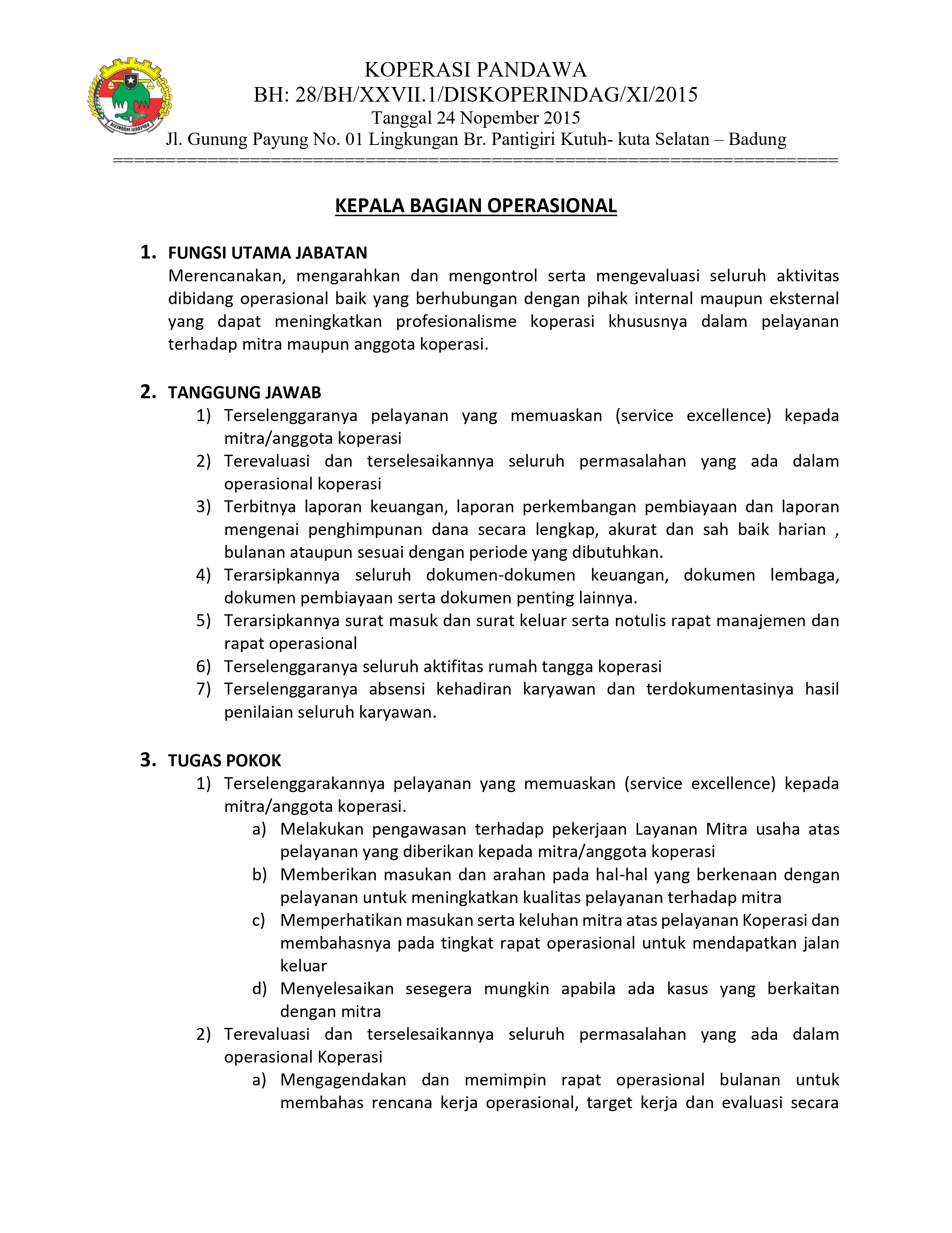 Foto Dokumen SOP Kepala Bagian Operasional - Lembar 1